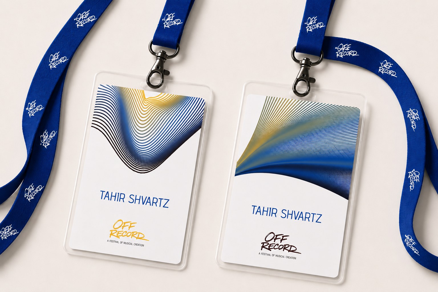 OFF RECORD lanyard badges, printed with the generative visual system