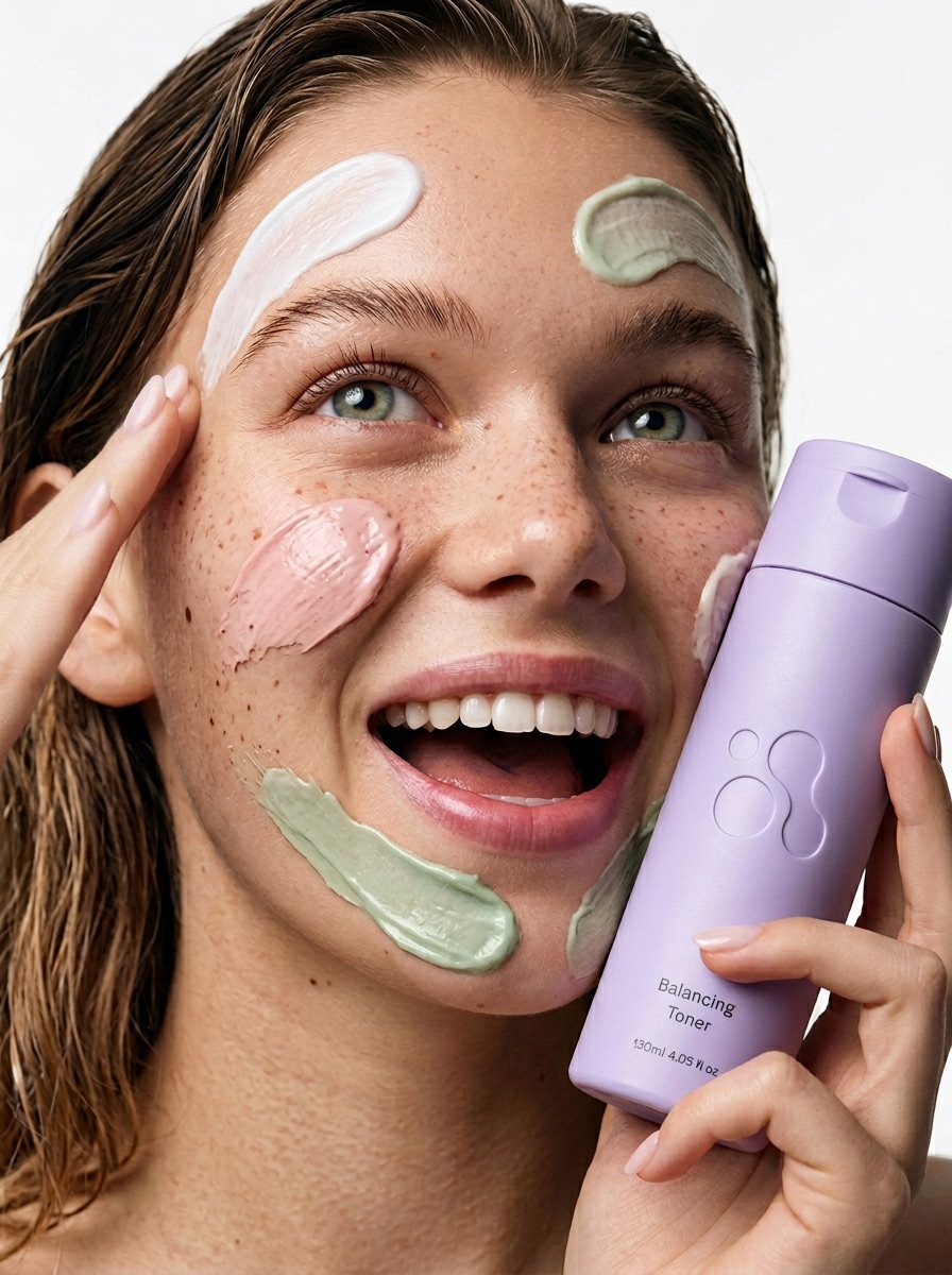 Model with skincare product applied to face