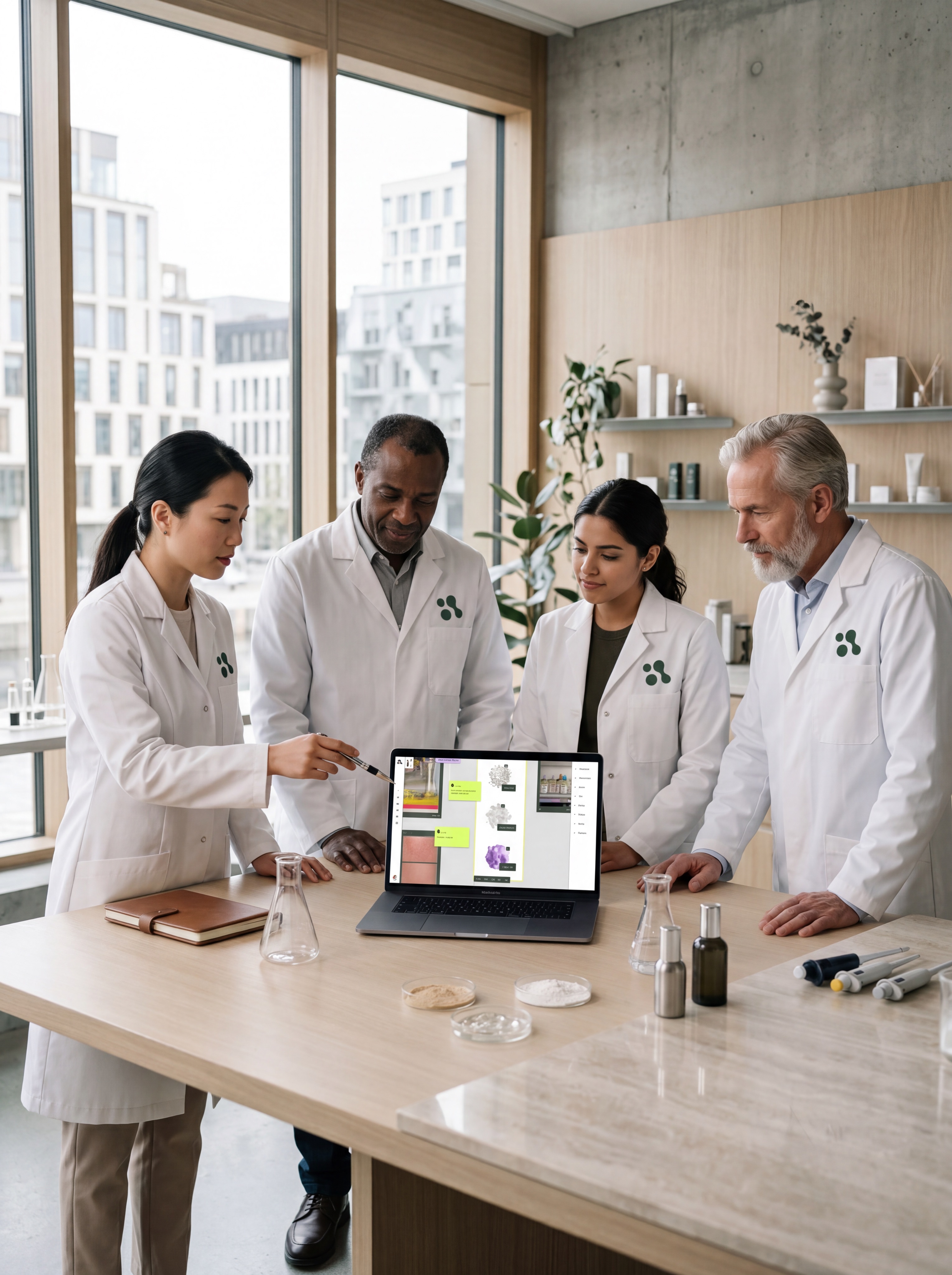Research team discussing samples by a window