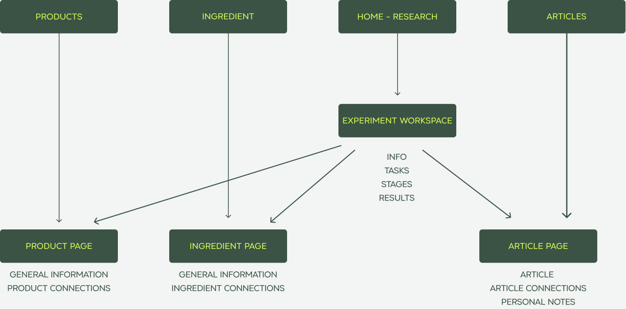 Information architecture flowchart connecting Home, Products, Ingredients and Articles through the Experiment Workspace