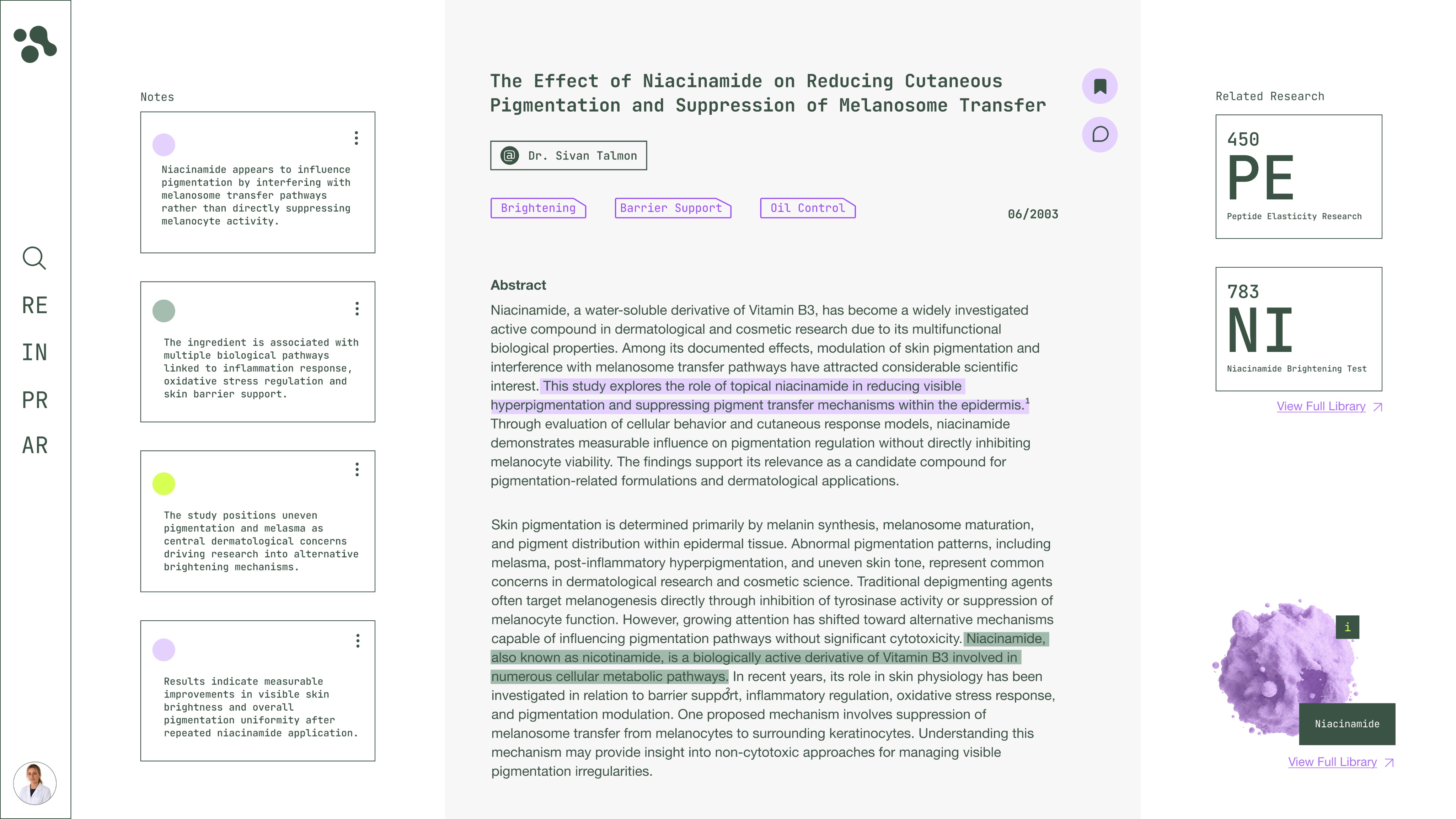 Article detail screen with research notes