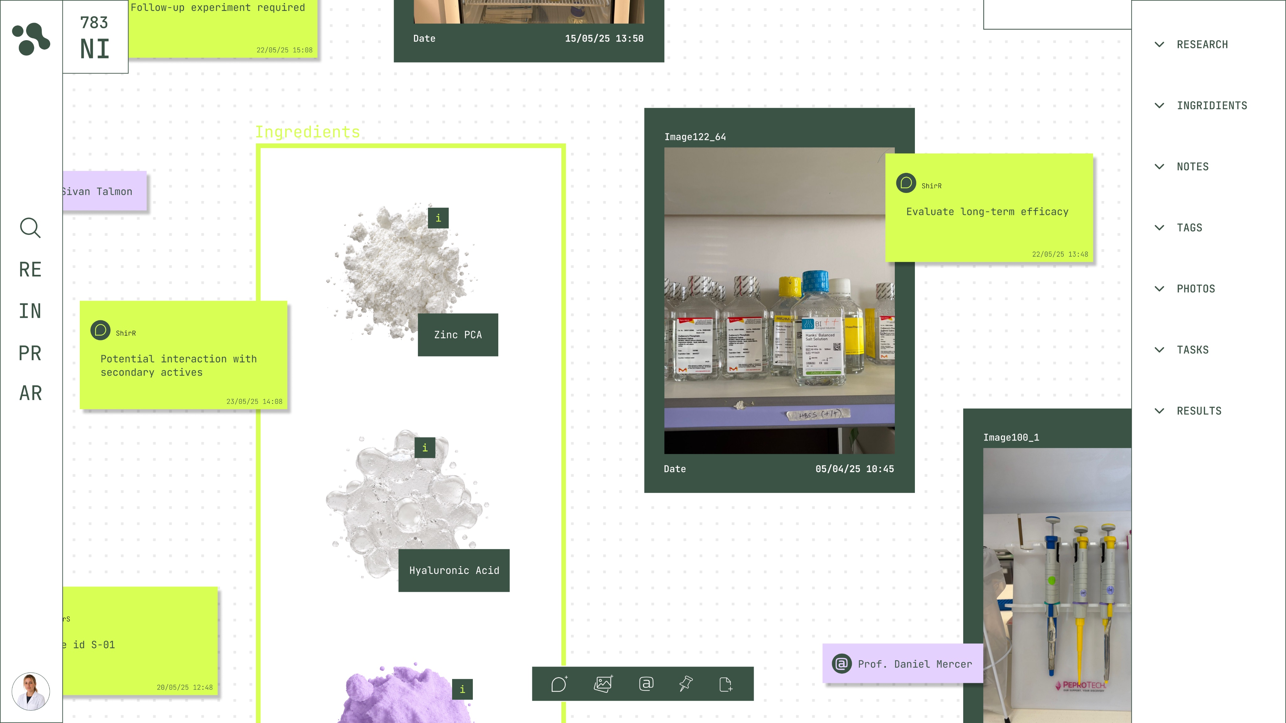 Experiment workspace board with notes and photos